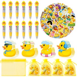 CY2SIDE Yellow Rubber Duck Stationery Gift- 12 Pack Yellow Cute Animal Stationery Party Set Include 4-in-1 Duck Ballpoint Pens Sticky Notes Stickers and Organza Goodie Bag Filler for Kid School Reward