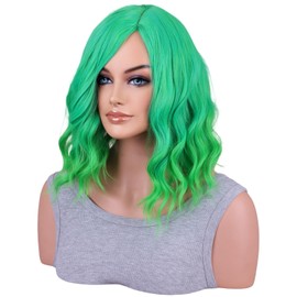Women Girls 14 Inches Green Wig Short Bob Wavy Curly Light Green Wigs Heat Resistant Halloween Daily Cosplay Party Wig