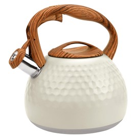 GGC Tea Kettle for Stove Top, Loud Whistling Kettle for Boiling Water Coffee or Milk, 3.1 Quart 3L Heavy Stainless Steel White Kettles with Wood Pattern Handle, Unique Button Control Kettle Outle