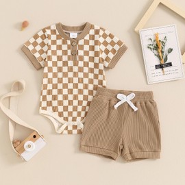Vioyavo Newborn Baby Boys Girls Summer Outfit Stripe Pattern Short Sleeve Romper+Solid Color Elastic Waist Shorts 2Pcs Clothes Set (Za-Khaki, 3-6 Months)