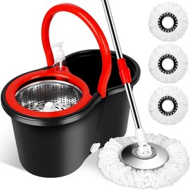 Spin Mop and Bucket with Wringer Set, 360° Mop Bucket System with 3 Microfiber Mop Replacement Heads and 61" Stainless Steel for Floor Cleaning:_RED