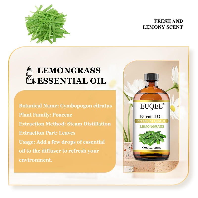 EUQEE Lemongrass Essential Oil 118ml Premium Lemongrass Oil with Glass