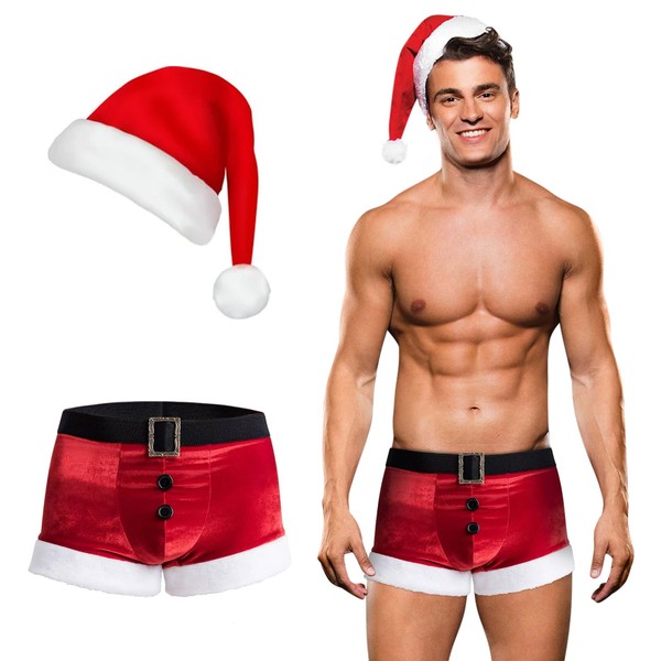 RSLOVE Men's Christmas Lingerie Set Sexy Santa Outfits 2PCS Red Boxers Holiday Briefs Underwear With Hat S