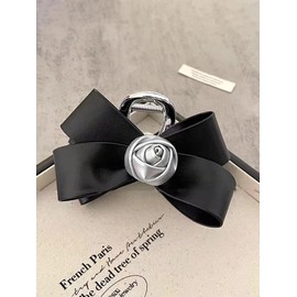 Elegant Rose Bow Claw Clips, Large Silver Leather Bow Hair Clips Non-slip Fashion Hair Accessories for Thick Thin Hair (Black)