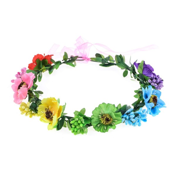 June Bloomy Rose Floral Crown Wreath Girls Flower Headband BOHO Garland Halo Headpiece (Daisy Rainbow)