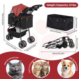 Pet Stroller,Dog Stroller for Small Medium Dogs Cats,3 Wheels,Foldable,with Breathable Mesh Canopy,Cup Holders,Easy Assembly,Red+Black