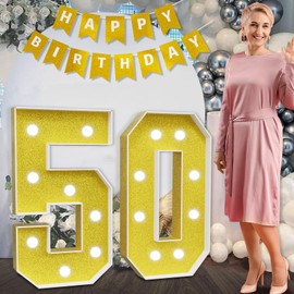 imprsv Marquee Numbers Gold 50th-Birthday Decorations: Large 3ft Light Up Number 50 Birthday Decoration for Women Men Fifty Year Old Anniversary Party Decor Backdrop Big Mosaic Number 50