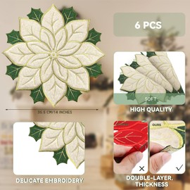 6 Pcs Holiday Christmas Embroidered Placemats Double Layer Applique Poinsettia Christmas Flower Placemat for Dining Holiday Table Decoration (Elegant Style, 14 x 14 Inch)