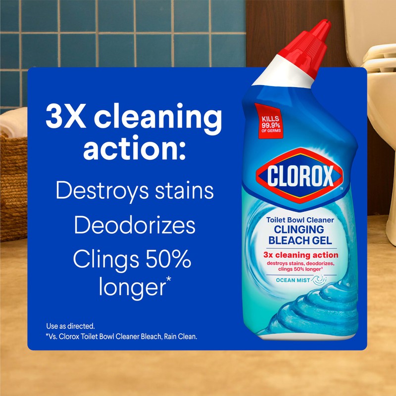 CLOROX Toilet Bowl Cleaner Clinging Bleach Gel, Ocean Mist, 24
