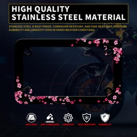 Motorcycle Pink Cherry Blossoms License Plate Frame Flowers Stainless Steel Material Funny Motorbike License Plate Holder Motorcycle Accessories 7" X 4" Inch