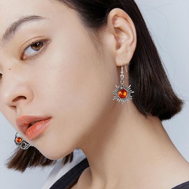 Vintage Boho Opal Sun and Moon Drop Dangle Earrings Moonstone Natural Stone Hook Bohemian for Women Asymmetrical Antiqued Silver Celestial Jewelry (Brown)