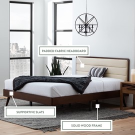 Edenbrook Canterbury Upholstered Wood Platform Bed Frame-Box Spring Optional, Twin, Dark Mahogany/Beige