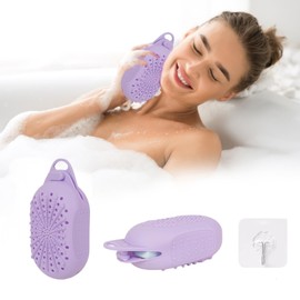 Silicone Soap Bag, Dual-Sided Soap Box Scrubber, Quick-Dry Soap Saver for Shower, Gentle Exfoliating Silicone Pouch, Shower Scrubber for Body (Purple)