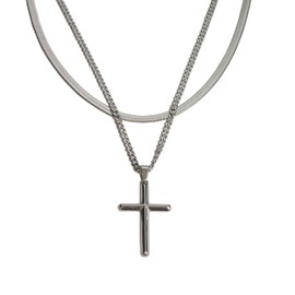 Men's Cross Necklace Silver Black 2 Pieces Cross Pendant with 55 cm Curb Chain + 50 cm Snake Chain Stainless Steel Cross Chain Christianity Jewellery for Men Women Boys
