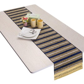 Nupuyai Vintage Stripe Table Runner for Home Coffee Table,European Knitted Wedding Party Decoration 34x135cm Khaki/Dark Blue
