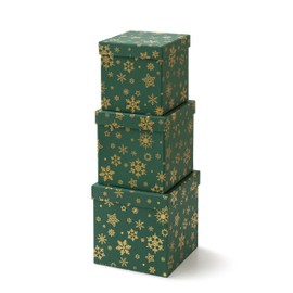 Soul & Lane Square Christmas Gift Boxes with Lids, Green Vintage Reusable Christmas Nesting Boxes for Presents, Decorative Cardboard Large Holiday Storage For Keepsakes and Snowflakes Decor, Set of 3