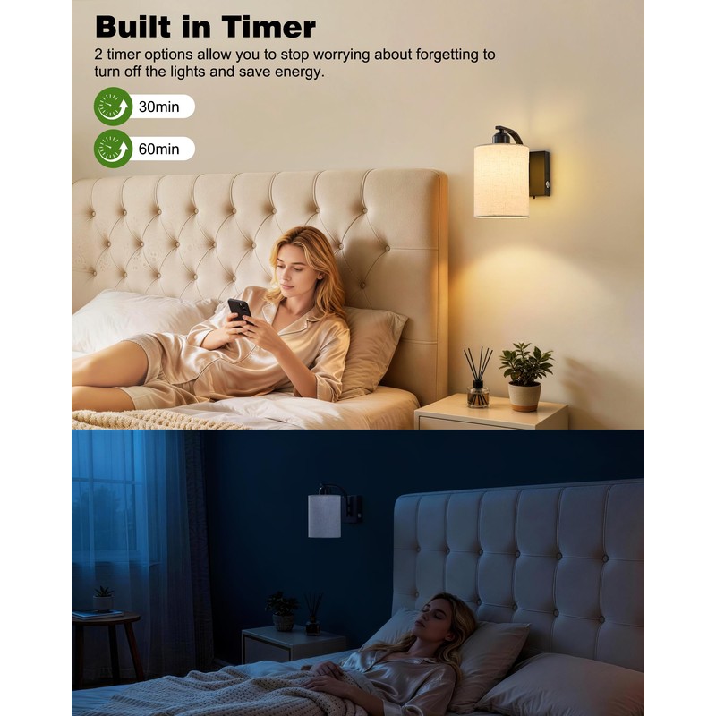 Powfloven Rechargeable Wall Sconces Set of 2, 12000mAh Black Dimmable