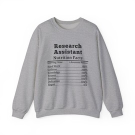 Research Assistant Nutrition Facts Sweatshirt Funn Gifts for Researchers Academia Apparel Cute Crewneck for Lab Workers Sport Grey