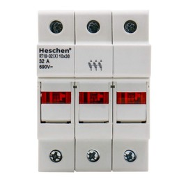 Heschen Cylindrical Fuse Holder Base RT18-32(X) 32A AC690V 3 Pole DIN Rail Mounting for RT18 RO15 10 x 38mm Fuse CE UL Listed