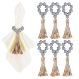 Meplait 6 Pieces Wooden Bead Napkin Rings, Farmhouse Stretchable Napkin Rings with Tassel Boho Napkin Rings for Dining Table,Wedding Decoration (Grey)