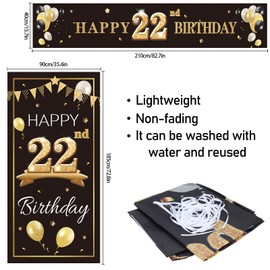 PAKBOOM Happy 22nd Birthday Door Cover Porch Banner Sign Set - 22 Years Old Birthday Decorations Party Supplies for Men - Black Gold