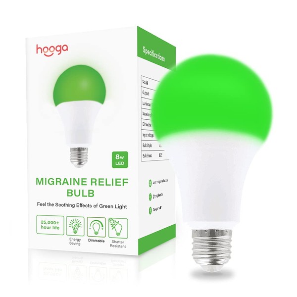 hooga Migraine Relief Green LED Light Bulb, Light Therapy Bulb, 520nm Narrow Band, 8W, E26 Base. Dimmable. Relieves Migraine Pain, Nausea, Anxiety, Insomnia. May Help Fibromyalgia Pain. (1 Pack)