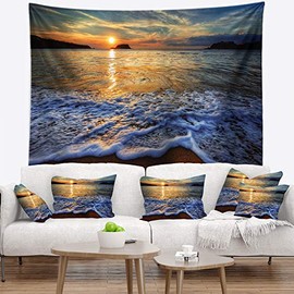 Designart ' Peaceful Sandy Beach with Waves Tapestry Blanket Décor Wall Art for Home and Office, Created On Lightweight Polyester Fabric Medium: 39 in. x 32 in