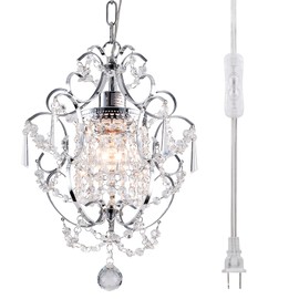 FLSFU Plug in Crystal Chandelier,14.7 Ft Hanging Lights with Clear Cord & On/Off Switch,Plug in Ceiling Light Small Chandeliers for Bedroom Dining Room Entryway Living Room