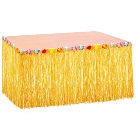 thirei Hawaii Table Skirts, 275 x 60 cm, Hawaii Party Decoration with Multicoloured Flowers, for Parties, Holidays and Outdoor Gatherings, Gold