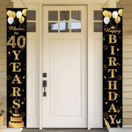 Birthday Door Sign Banner 40 Happy 40th Birthday Door Banner Black Gold Birth Banners 40th Party Decorations with Pole for Men Women 40 Years Old Party Supplies