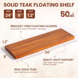 Realgulf 24 Inch Teak Floating Shelves Set of 2 - Solid Natural Wood Wall Mounted Shelves with Invisible Brackets - Heavy Duty Waterproof Storage for Bathroom, Kitchen, Living Room & Outdoor