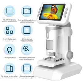PYRODUM 4,0" IPS Digital Mikroskop 1600X, 1080P Tragbares Handmikroskop mit Foto- und Videoaufzeichnung, 32 GB Karte, LED-Licht, Objektträgerproben, Wiederaufladbar USB-Mikroskop für Kinder/Erwachsene