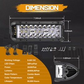 8 Inch LED Light Bar, Niking Auto 2Pcs 204W Side Shooter LED Light Pods Triple Row Off Road Driving Spot Flood Combo Beam Fog Work Light Bumper Bar for Trucks UTV ATV SUV Tractor Boat