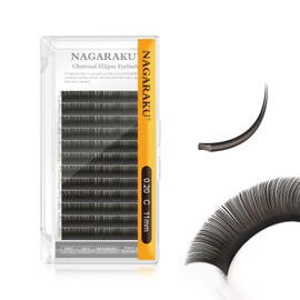 NAGARAKU Ellipse Flat Eyelash Extension, Professional Double Split Tip, Individual False Eyelashes for 1:1 Eyelash Extensions, U-Shaped Design, Charcoal, Soft, 12 Rows (0.20 mm C Curl, 11 mm)