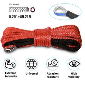 KHGUZ 0.19“ x 49 Ft Car Synthetic Winch Rope Kit, 10000LBS Heavy Duty Vehicle Winch Cable with Protecting Sleeve and Thimble, Automotive Accessories, Universal for Off Road ATV UTV (Red)