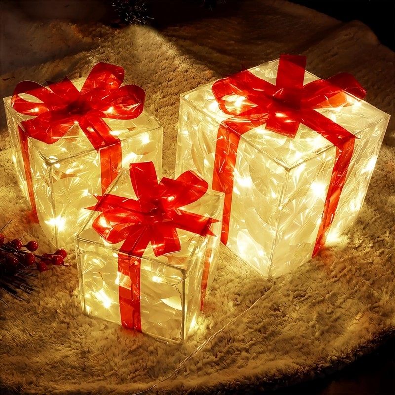 Set of 3 LED Lighted Boxes with Red Bows, Warm