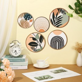 5 Pcs Boho Wall Art Decor Wooden Living Room Wall Decor Bohemian Wall Hanging Decor Farmhouse Geometric Hanging Decor 10'' and 8'' Aesthetic Wood Minimalist Wall Art for Apartment Bedroom (Boho, Leaf)