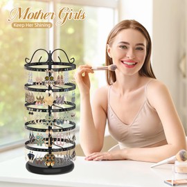 MODOWEY 5 Tiers Metal Rotating Earring Holder Organizer Stand Adjustable Display Tree, 220 Holes Large Carousel Rack for Stud Hoop Pierced Dangling Women, Ideal View for All Earrings, Black