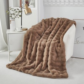 YOU SA Luxury Rabbit Faux Fur Throw Blanket for Couch Bed, Soft Cozy Bubble Fluffy Blanket with Reversible Plush Velvet for All Season, Warm Thick Blanket Caramel Brown, 51''x63''