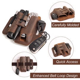 Gentlestache Multitool Leather Sheath for Belt, EDC Organizer, Multitool Pouch,Leather EDC Sheath with Elastic band Pen Holder, Flashlight Holder and Keychain Clip, Practical Belt Pouch for EDC Gears