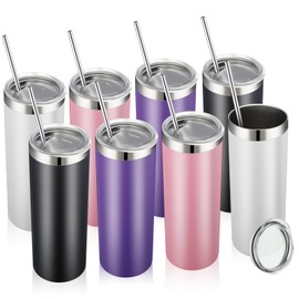 Remagr Skinny Tumblers 20 Oz Stainless Steel Tumbler Bulk with Lids and Straws Blank Slim Insulated Cup Double Layer Water Tumbler for Travel, DIY(Purple, White, Black, Pink,8 Pcs)