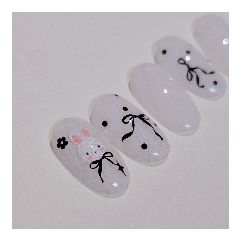 Mono Rabbit Handmade Nail Tips Knit Gel Ribbon Dot Nails