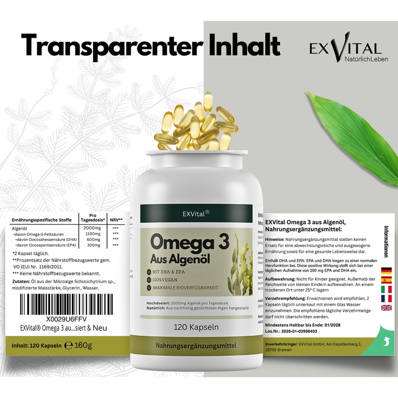 EXVital Omega 3 from Algae Oil, Vegan, 120 Softgel Capsules,