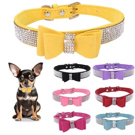 Rhinestone Bowtie Dog Collar for Girls Boys,Cute Dazzling Sparkling Soft Suede Leather Pretty Bling Cat Collars Crystal Diamond Pet for Small Medium Large Puppy Kitty Female Male