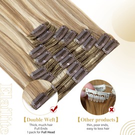 Elailite Real Hair Clip-In Extensions #12P613 Golden Brown Mix Bleach Blonde Hair Extensions Human Hair Pieces 8 Pieces 18 Clips 25 cm 110 g