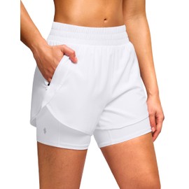 Soothfeel - Pantalones cortos deportivos para correr 2 en 1 para mujer con bolsillo con cierre de 5 pulgadas, cintura alta para gimnasio, entrenamiento, tenis para mujer, Blanco, Small