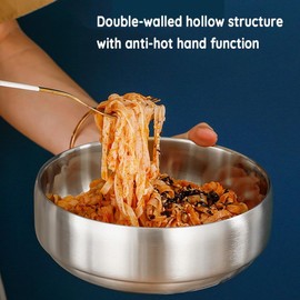 SANQIAHOME 1400mlQuality Double-Walled Stainless Steel Large Salad Bowl,Heat-Insulated and Anti-Scald Large-Capacity Soup Bowl,Silver