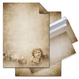 Set: 12 Sheets Vintage Angel Christmas Letter Paper Printed on Both Sides – Motiv Printer Ink Antique-Style Decorative Writing Paper with Pack of 10 Envelopes, Brown Marble On Beige