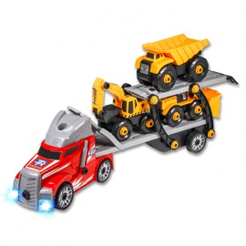 Kidplokio 1:32 Scale Semi Truck Construction Cargo Carrier with Lights Sounds, Ages 3-12, Red
