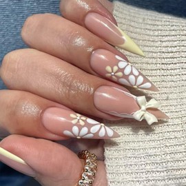 Yellow French Tip Press on Nails Daisy Fake Nails with 3D Bow Flower Designs 24 Pcs Natural Reusable Long Almond Acrylic Nail Full Cover Stick on Nail for Women Summer WYFHDT